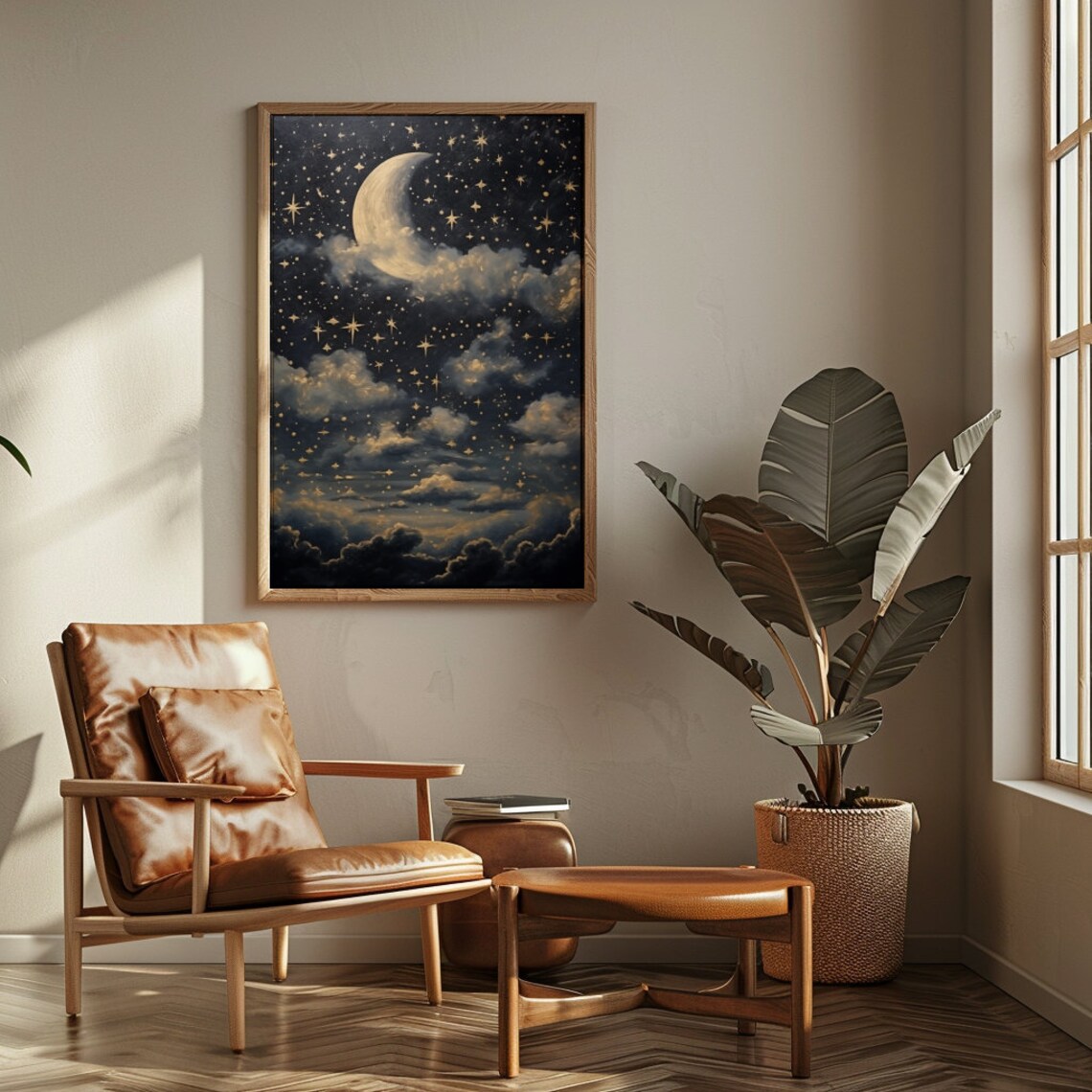 Crescent Moon Starry Night Sky Vintage Painting Midnight Moon Wall Art Evening Sky Print Celestial Artwork Dark Academia Decor - Image 2