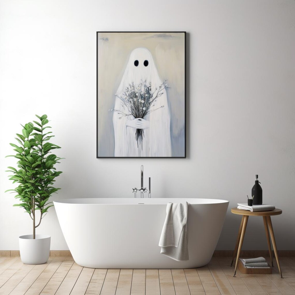 Cute Sheet Ghost Holding Wildflowers Halloween Painting Wall Art - Image 3
