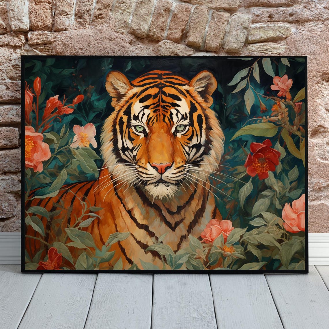 Boho Tiger Vintage Floral Maximalist Art Print