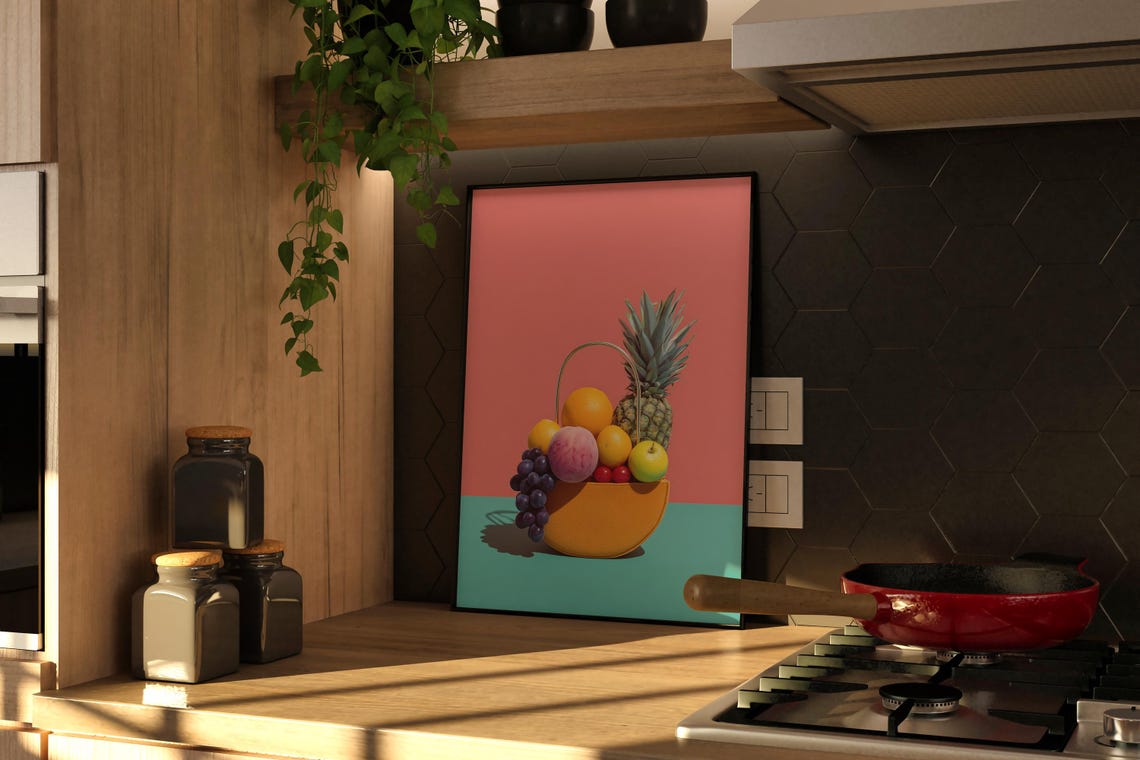 Colorful Tropical Fruit Basket Still Life Modern Kitchen Poster
