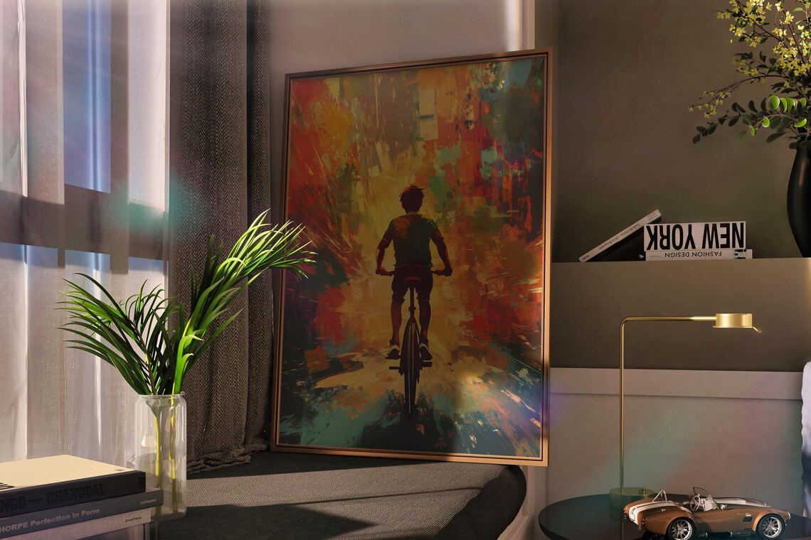Cyclist Silhouette Riding Urban Street Vibrant Abstract Art Poster