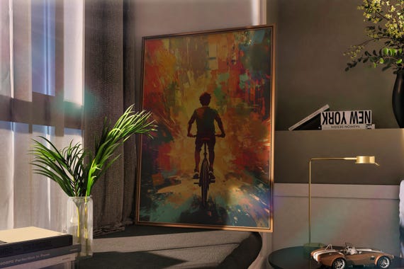 Energetic Cyclist Art Print Colorful Bike Rider Wall Motivational Journey
