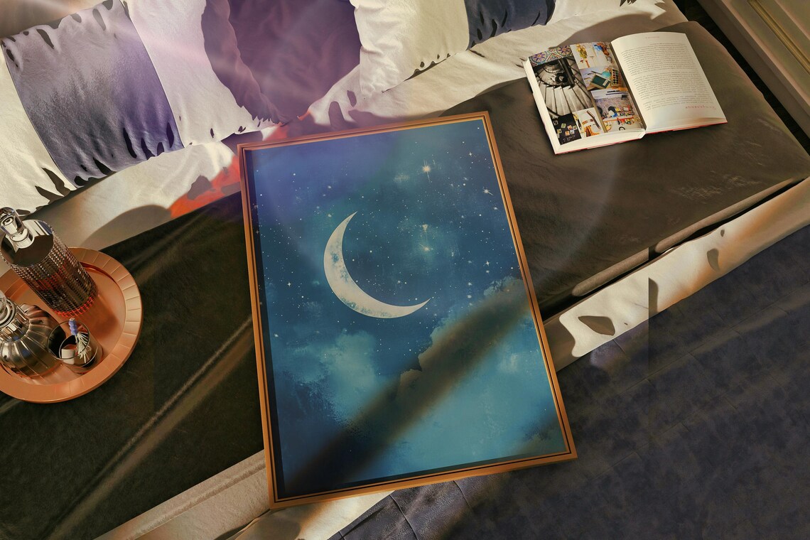 Celestial Moon And Stars Nursery Art Print Dreamy Blue Night Sky