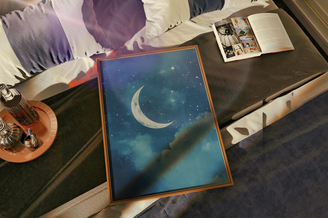 Crescent Moon Starry Night Sky Dreamy Celestial Nursery Poster