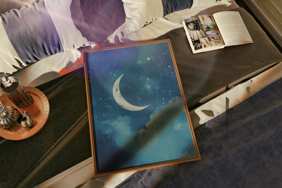 Celestial Moon And Stars Nursery Art Print Dreamy Blue Night Sky