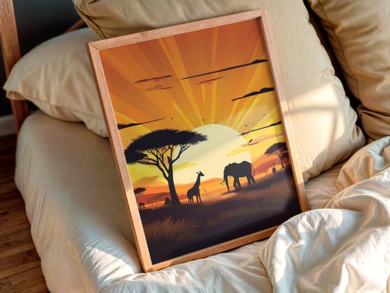 African Safari Sunset Wall Art Animal Poster Modern Home Decor