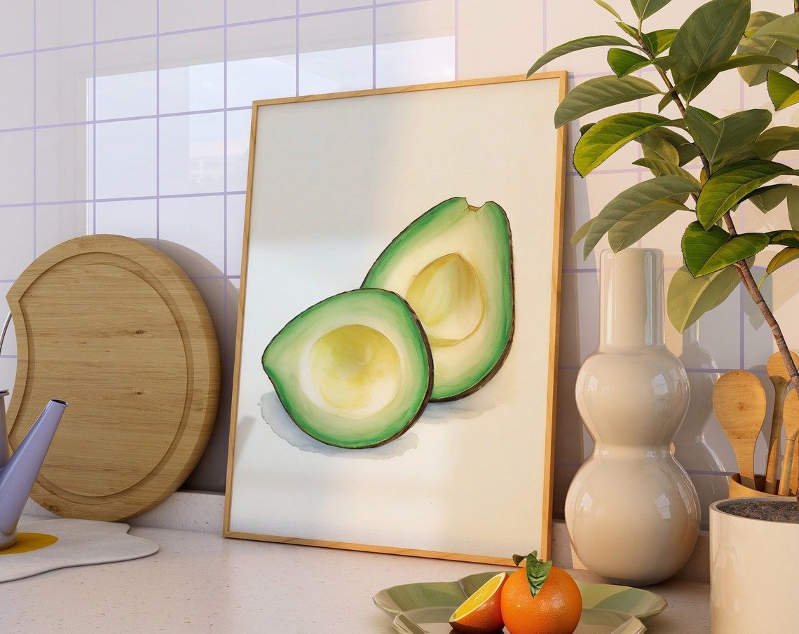 Avocado Illustration, Watercolor Kitchen Art Print