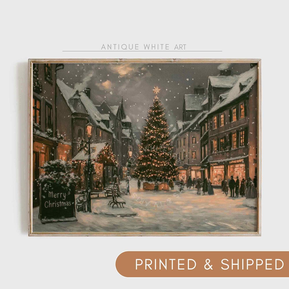 Snowy European Town Square Christmas Tree Night Market Poster