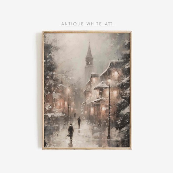 Moody Town Wall Art Muted Winter Evening Print Farmhouse Winter Decor Christmas Painting W96