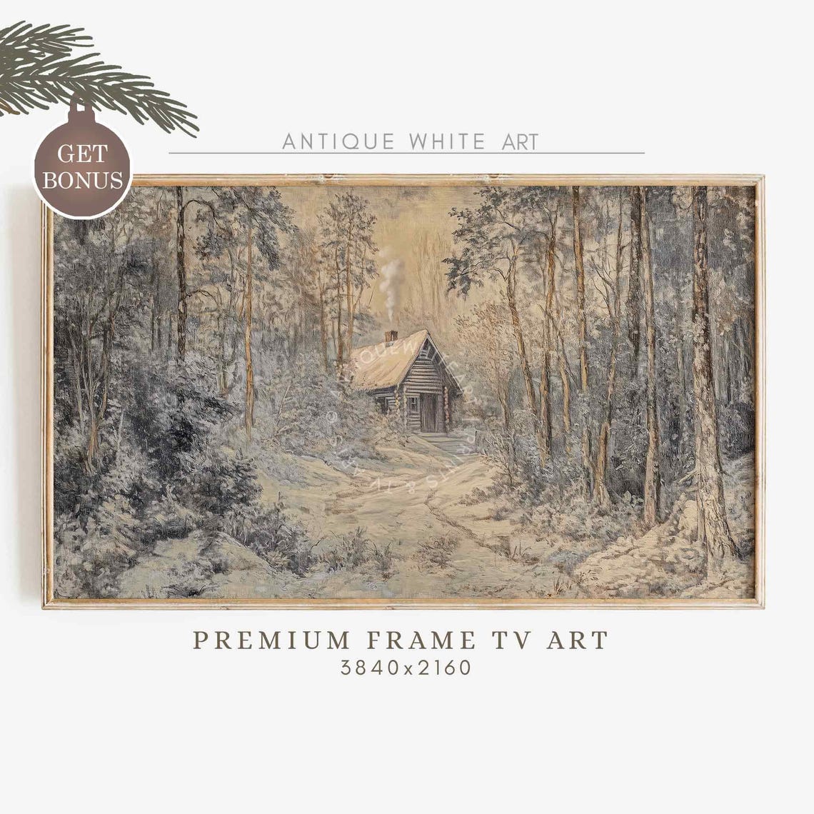 Rustic Log Cabin In Snowy Winter Woods Vintage Sketch Wall Art