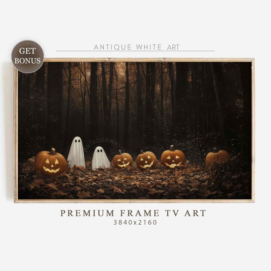 Two Ghosts Among Glowing Jack O Lanterns In Dark Forest Halloween Poster