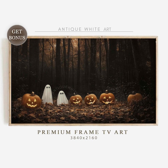 Two Ghosts Among Glowing Jack O Lanterns In Dark Forest Halloween Poster