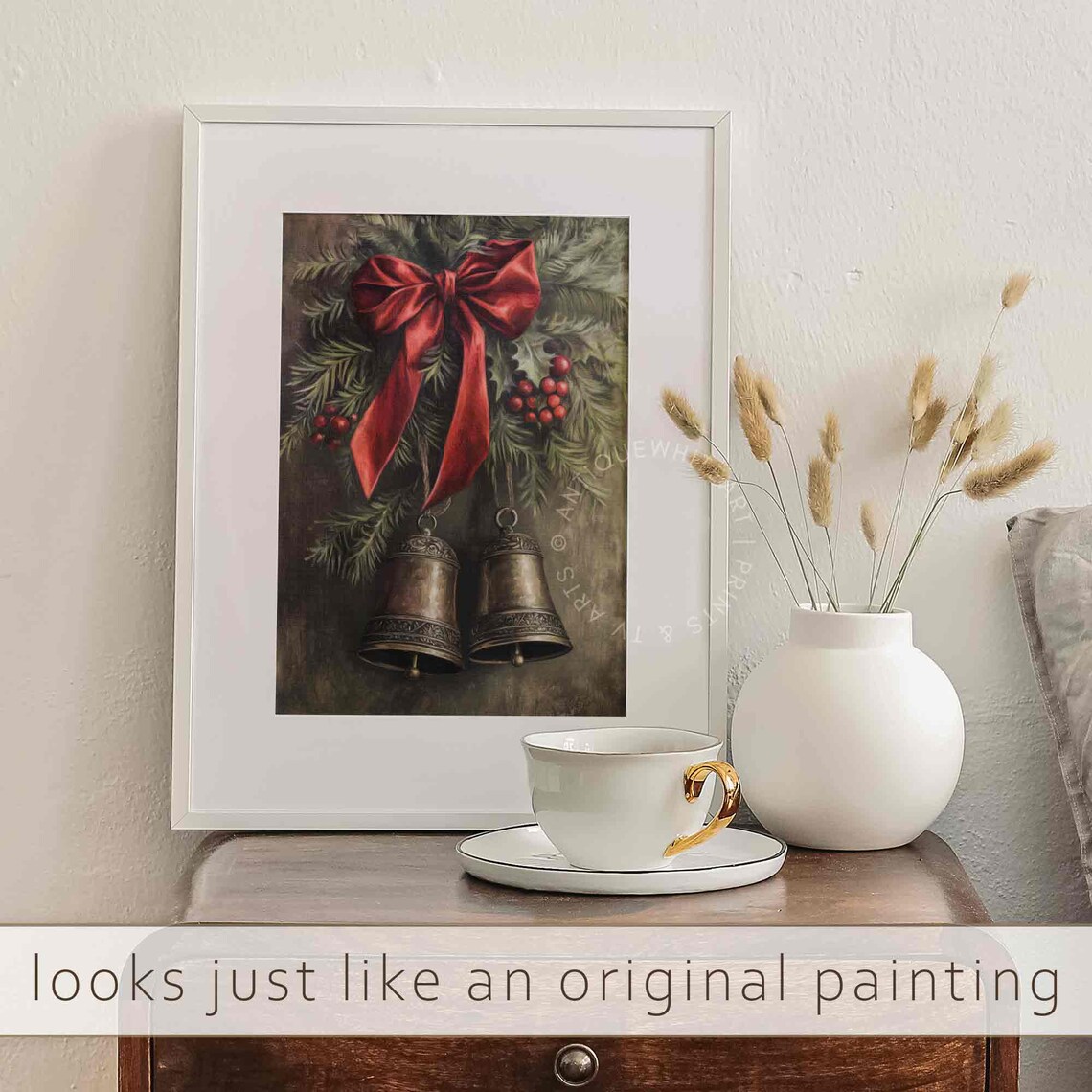 Moody Christmas Brass Bells Rustic Oil Art Print - Image 3
