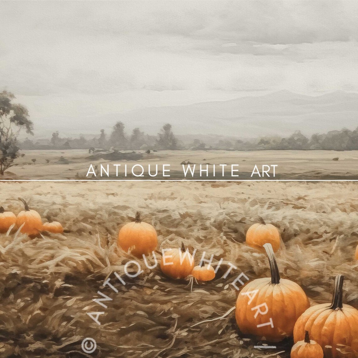 Scattered Pumpkins Dry Grass Field Hazy Sky Vintage Fall Harvest Painting Print - Image 4