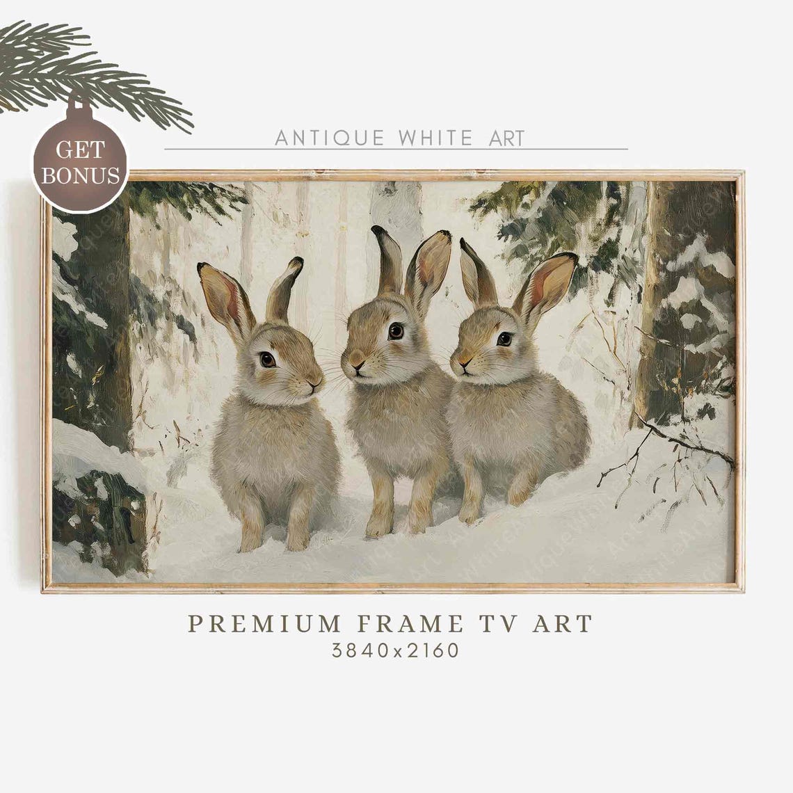 Three Bunnies In Snowy Forest Vintage Winter Painting Wall Art