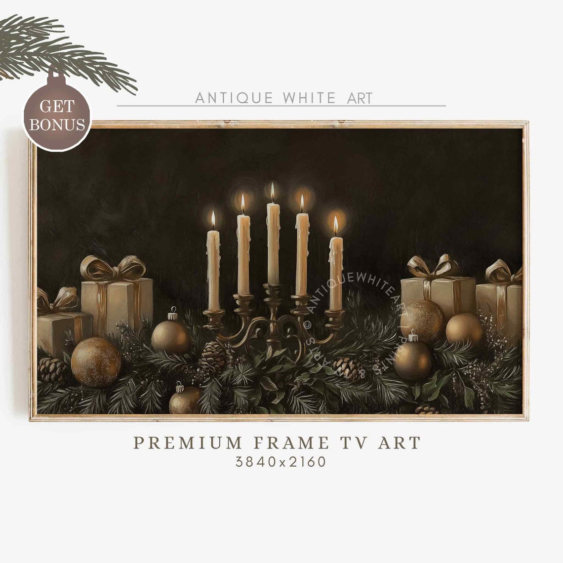 Lit Candles With Christmas Gifts Moody Dark Holiday Wall Art