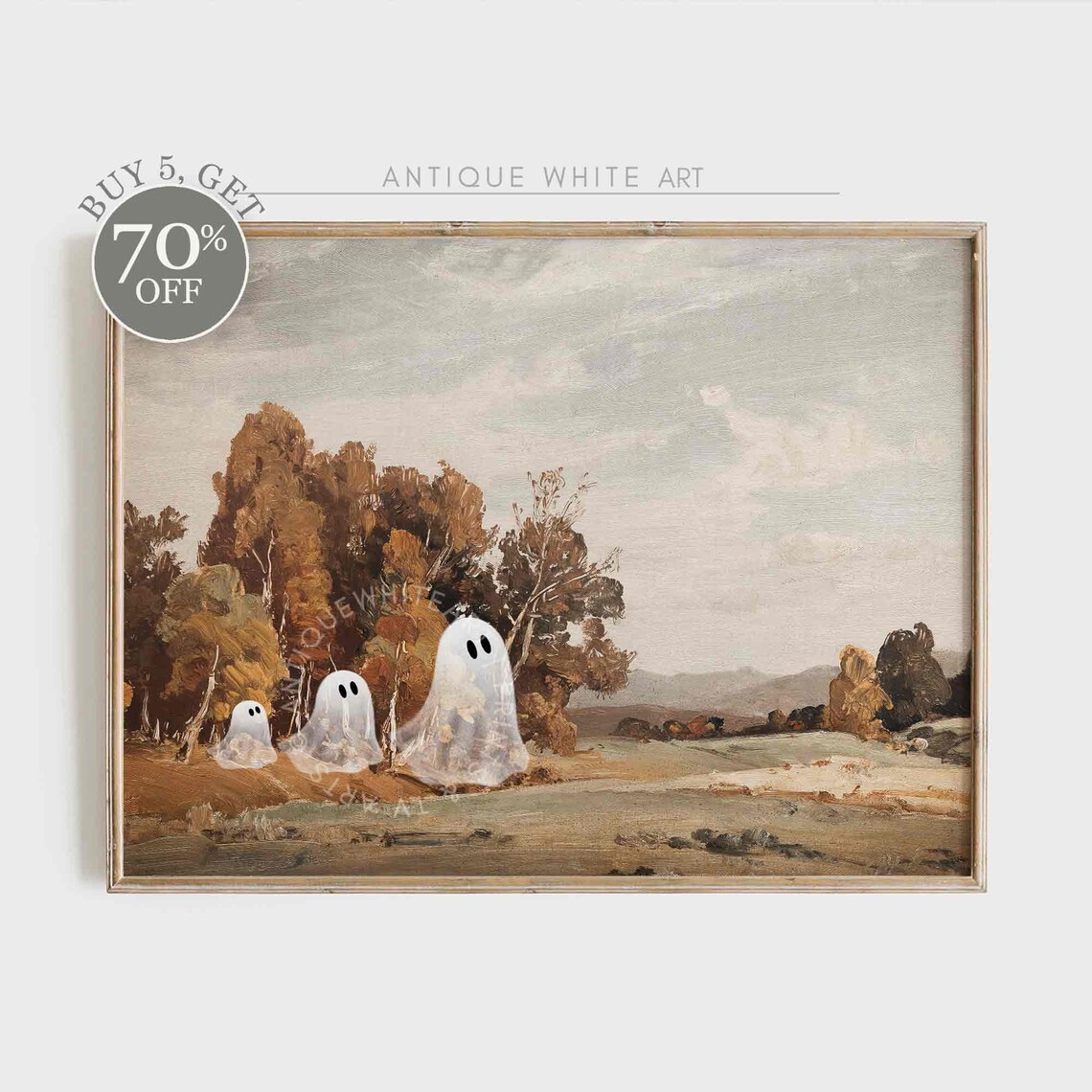 Cute Ghosts Vintage Autumn Landscape Oil Painting Halloween Farmhouse Poster