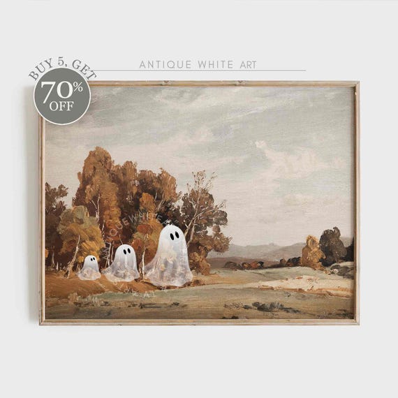 Halloween Cute Ghost Wall Art Ghosts In Vintage Landscape Farmhouse Halloween Print Halloween Quirky Decor Print A291