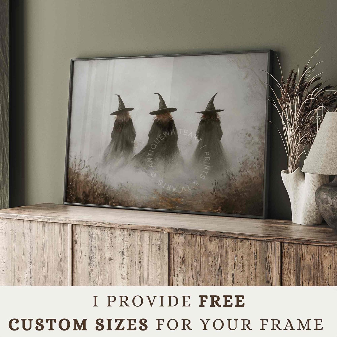 Three Witches Foggy Field Dark Halloween Witchy Vintage Spooky Poster - Image 2