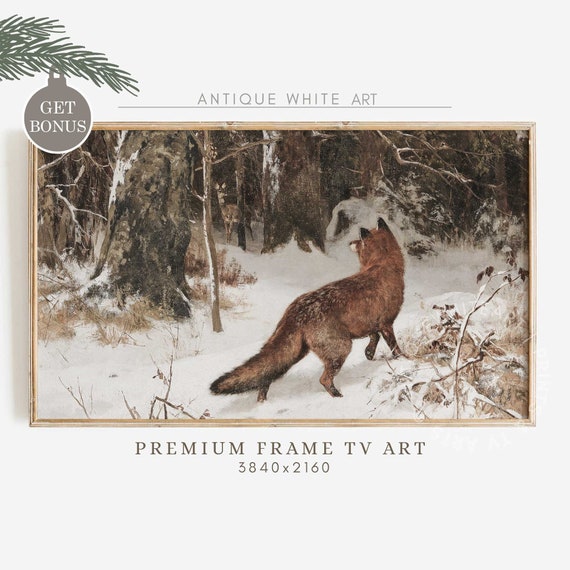 Rustic Vintage Fox In Winter Scene, Holiday Art Print