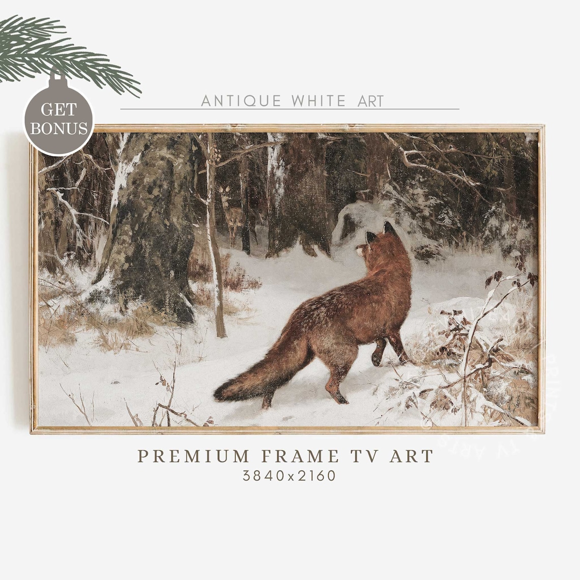 Rustic Vintage Fox In Winter Scene, Holiday Art Print