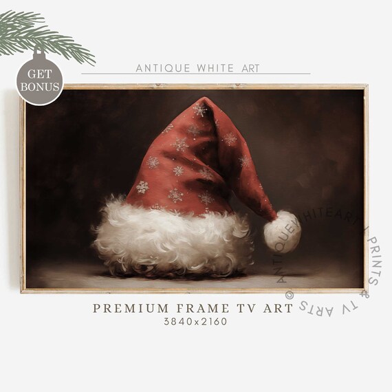 Vintage Christmas Frame Tv Art Santa Claus Hat Moody Painting For Tv Farmhouse Christmas Christmas Hat Holiday Decor Wa6