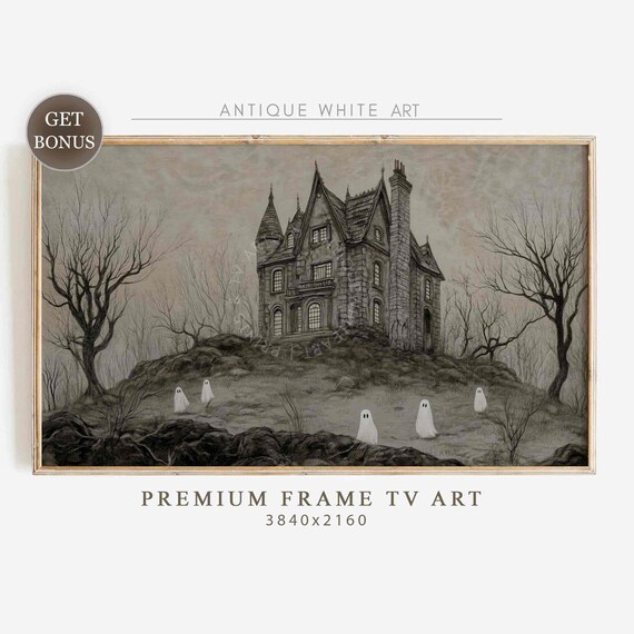 Gothic Haunted House On Hill With Ghosts Monochrome Vintage Spooky Poster