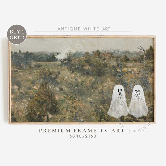 Two Cute Ghosts Muted Meadow Vintage Halloween Spooky Friends Art Poster