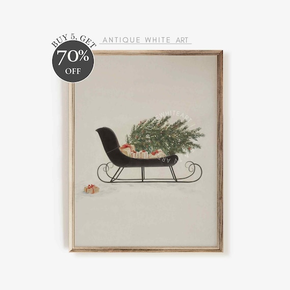 Vintage Sleigh Christmas Tree Holiday Decor Art Print