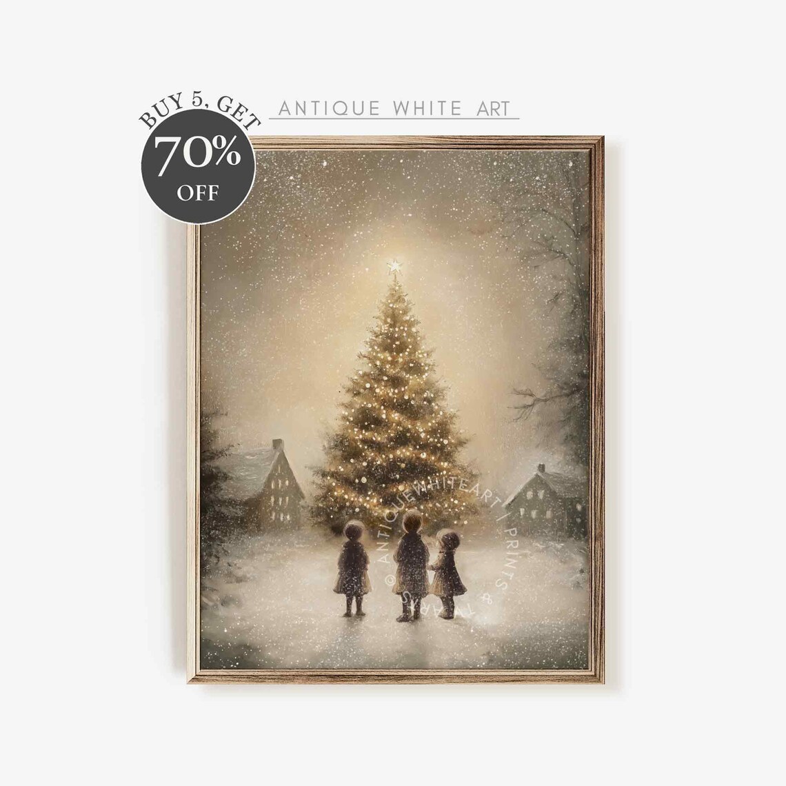 Christmas Tree Print, Moody Winter Town Farmhouse