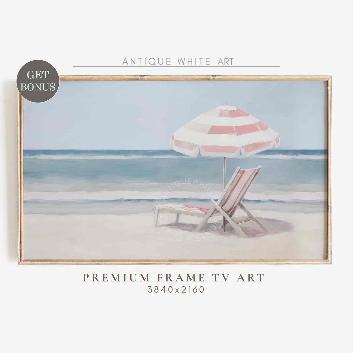 Pastel Pink Beach Umbrella Lounge Chair Serene Shore Painting Poster