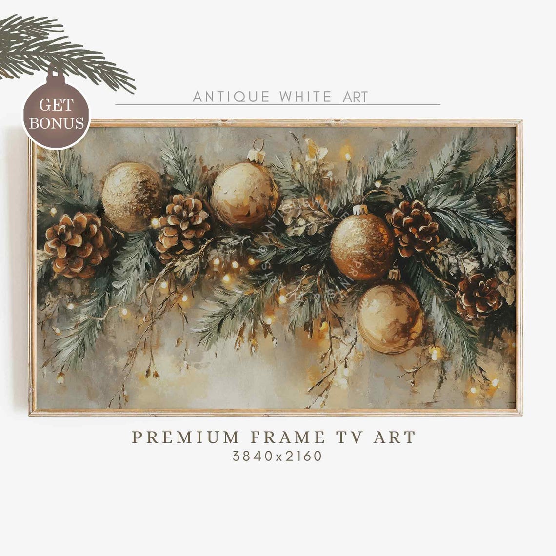 Christmas Garland With Gold Ornaments Pinecones Fairy Lights Wall Art