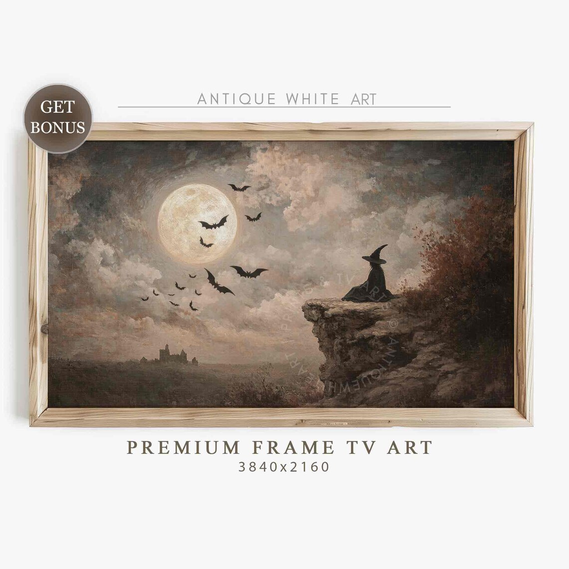 Halloween Witch Oil Painting Art Print, Full Moon Bat