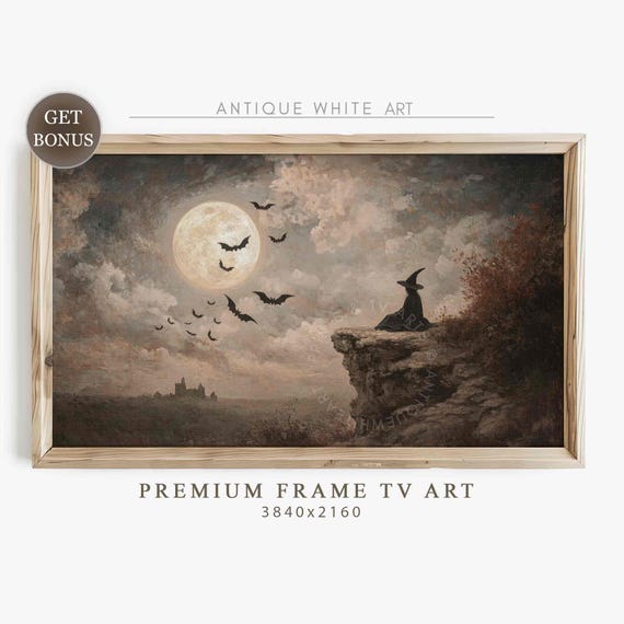Halloween Witch Oil Painting Art Print, Full Moon Bat