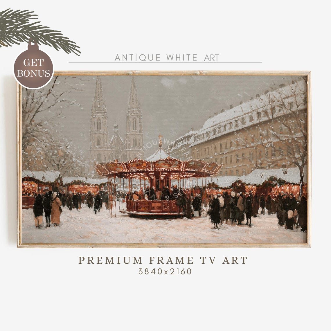 European Christmas Market Carousel With Cathedral Snowy Scene Poster