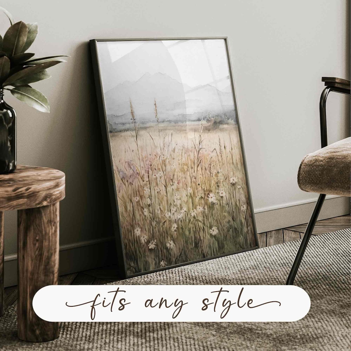 Wildflower Field Landscape Oil Painting, Farmhouse Art Print - Image 2