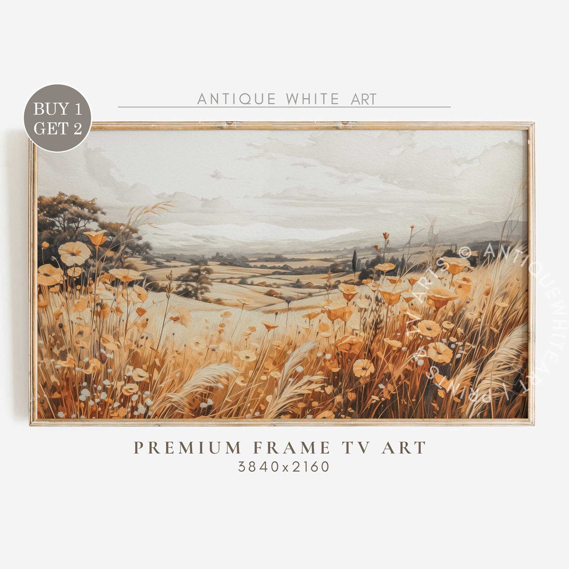 Golden Wildflower Meadow Rolling Hills Autumn Vintage Wall Art Print