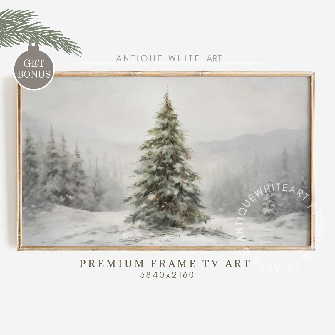 Snow Covered Christmas Tree Misty Forest Soft Neutral Holiday Print