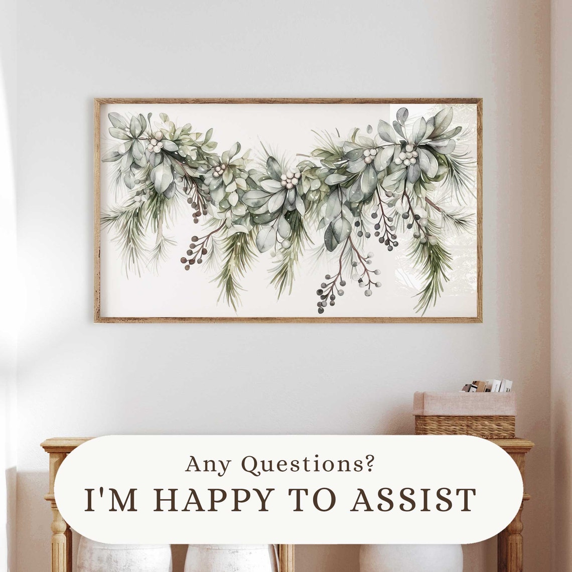 Watercolor Christmas Greenery Garland Eucalyptus Berries Holiday Print - Image 2