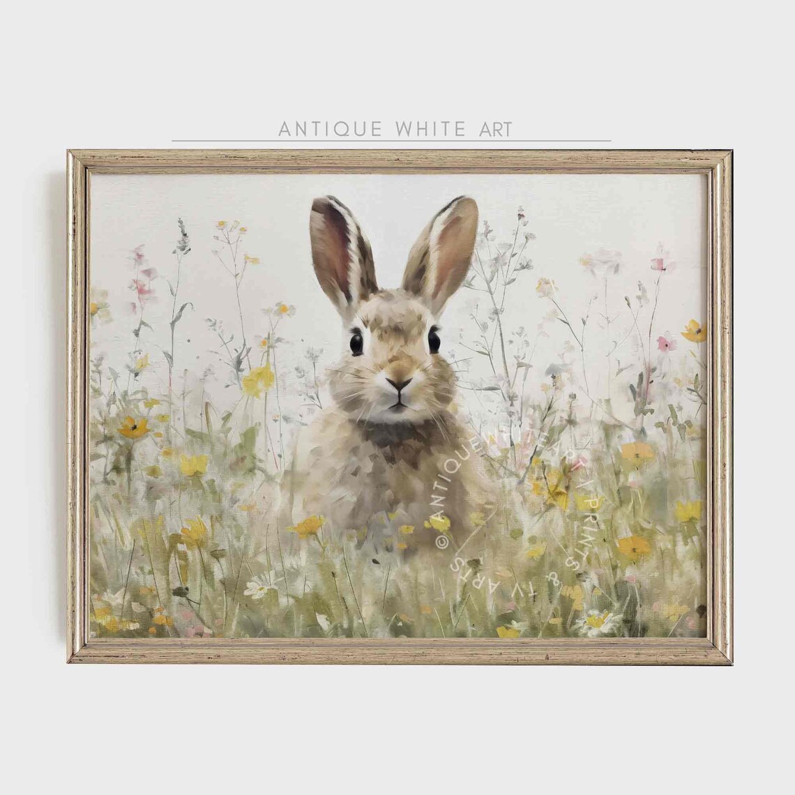 Easter Bunny Spring Decor with Wildflowers, Art Print