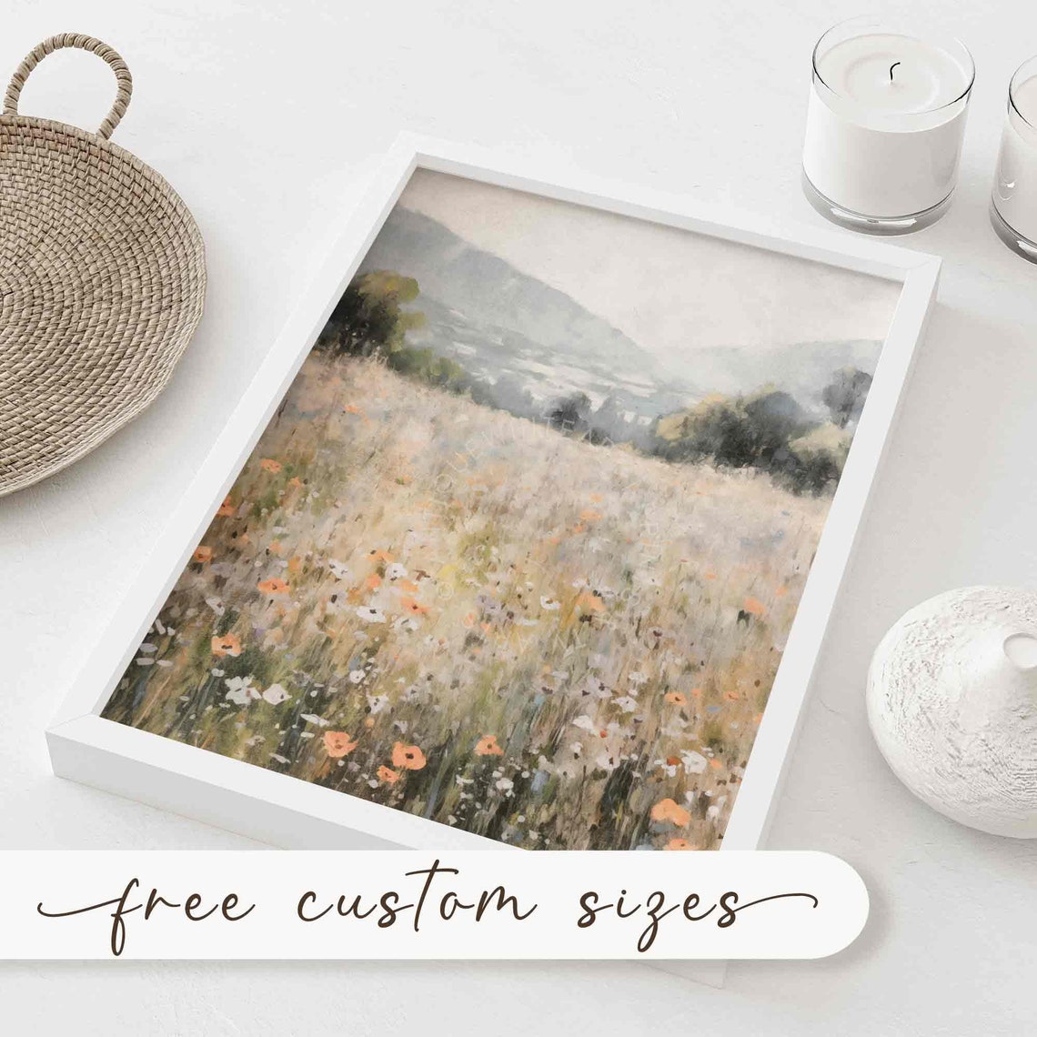 Vintage Wildflower Field Mountain View Warm Tone Art Wall Print - Image 2