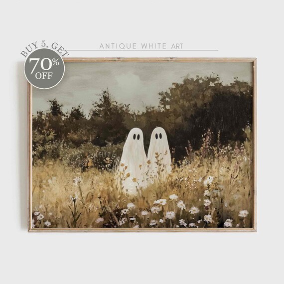 Cute Ghosts Wildflower Field Daisies Vintage Fall Meadow Halloween Poster