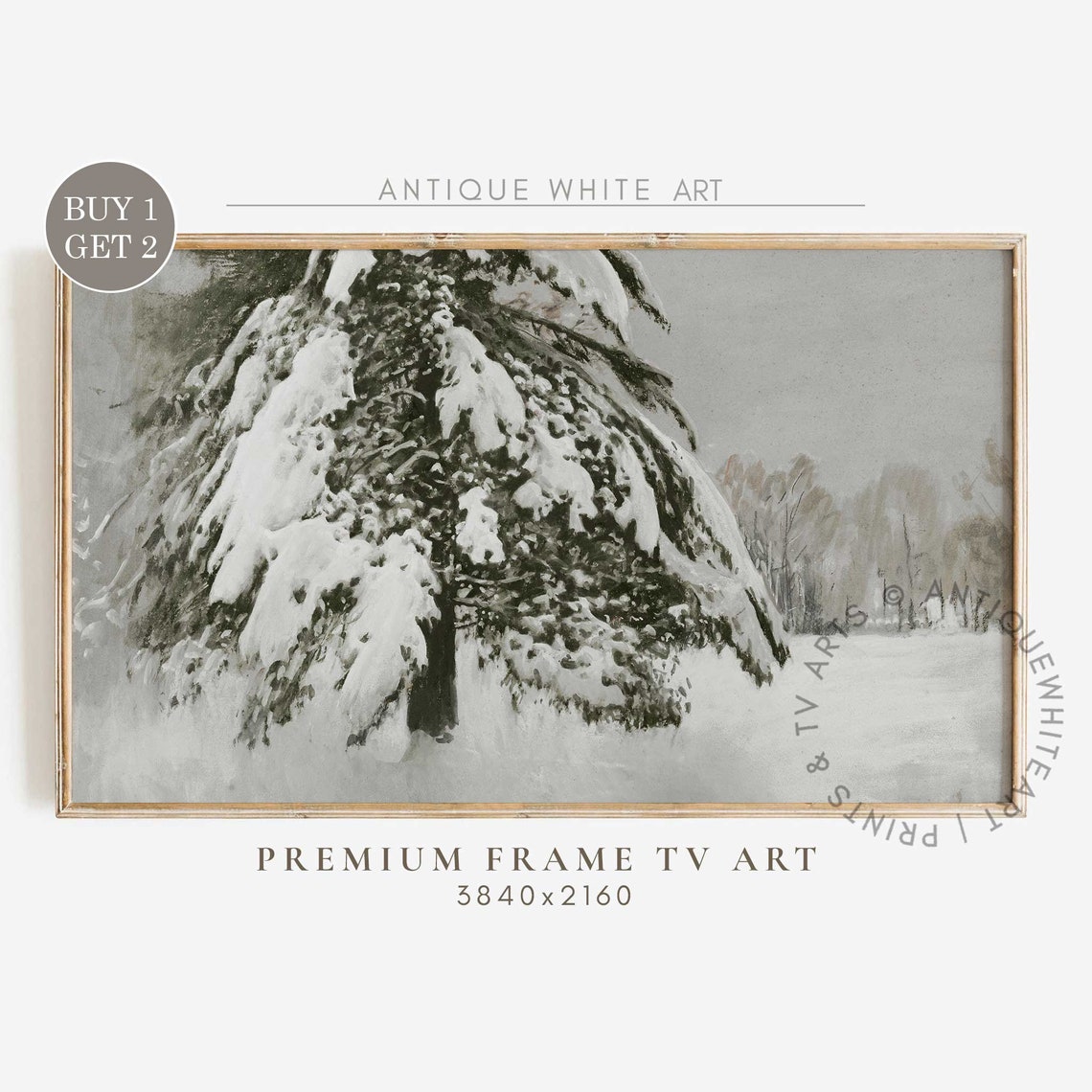 Snow Laden Pine Tree Winter Landscape Muted Vintage Snowy Art Poster