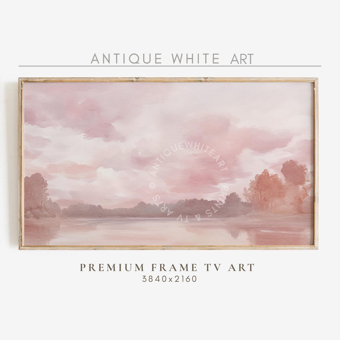 Blush Pink Watercolor Lake Landscape Muted Soft Sky Wall Art