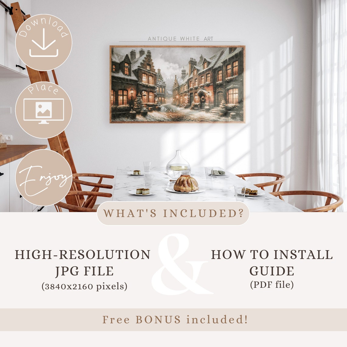 Christmas Frame Tv Art Vintage Farmhouse Winter Old Town Painting For Tv The Frame Tv Holiday Tv Art Holiday Home Decor Wa23 - Image 2