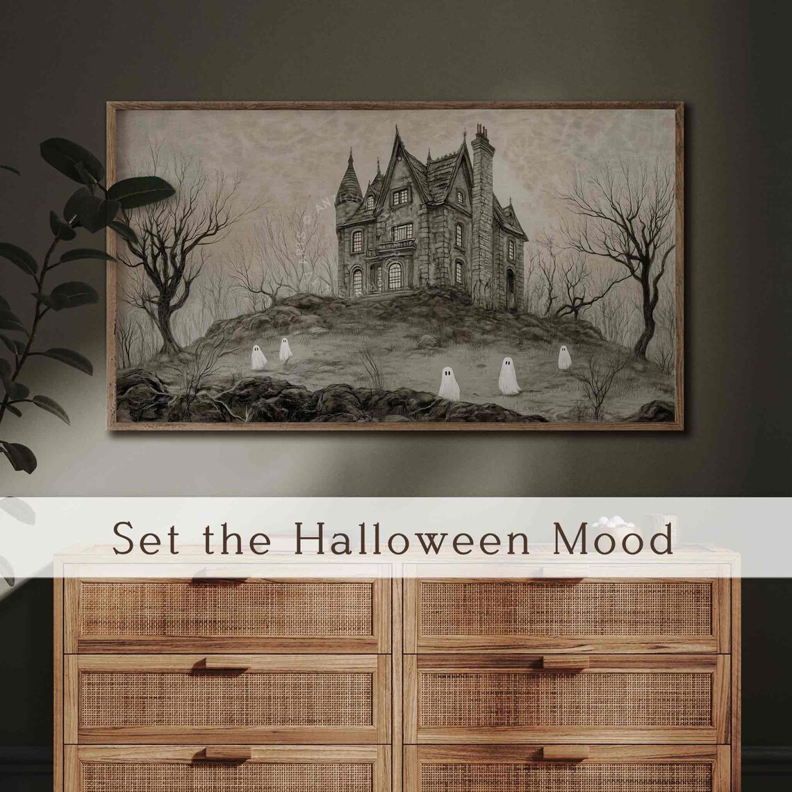 Gothic Haunted House On Hill With Ghosts Monochrome Vintage Spooky Poster - Image 3