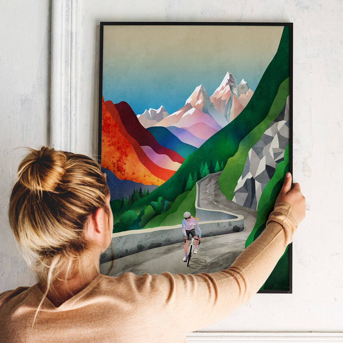 Woman Cycling High in the Mountains Art Print - Image 4