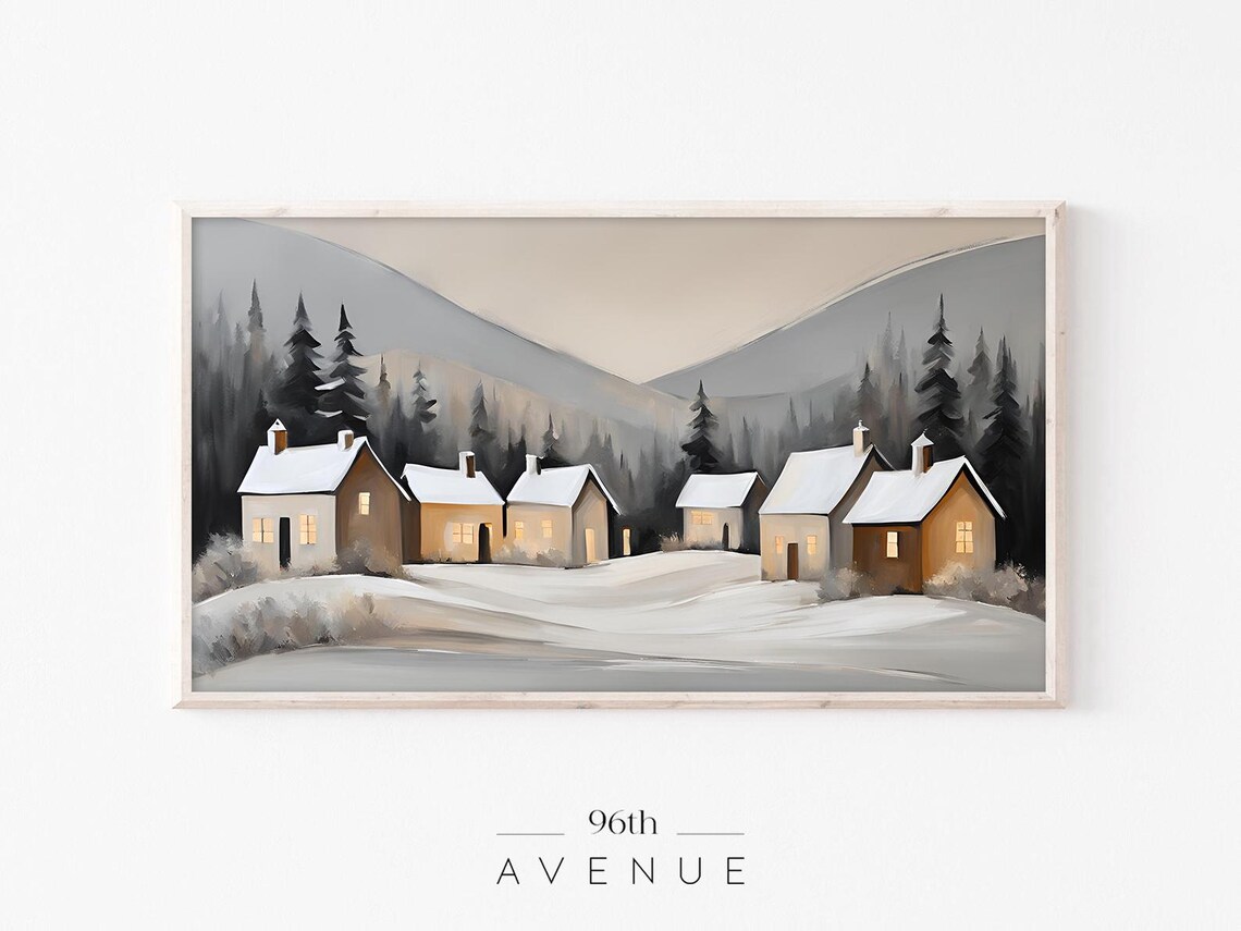 Snowy Winter Village Cottages With Glowing Windows at Dusk Print