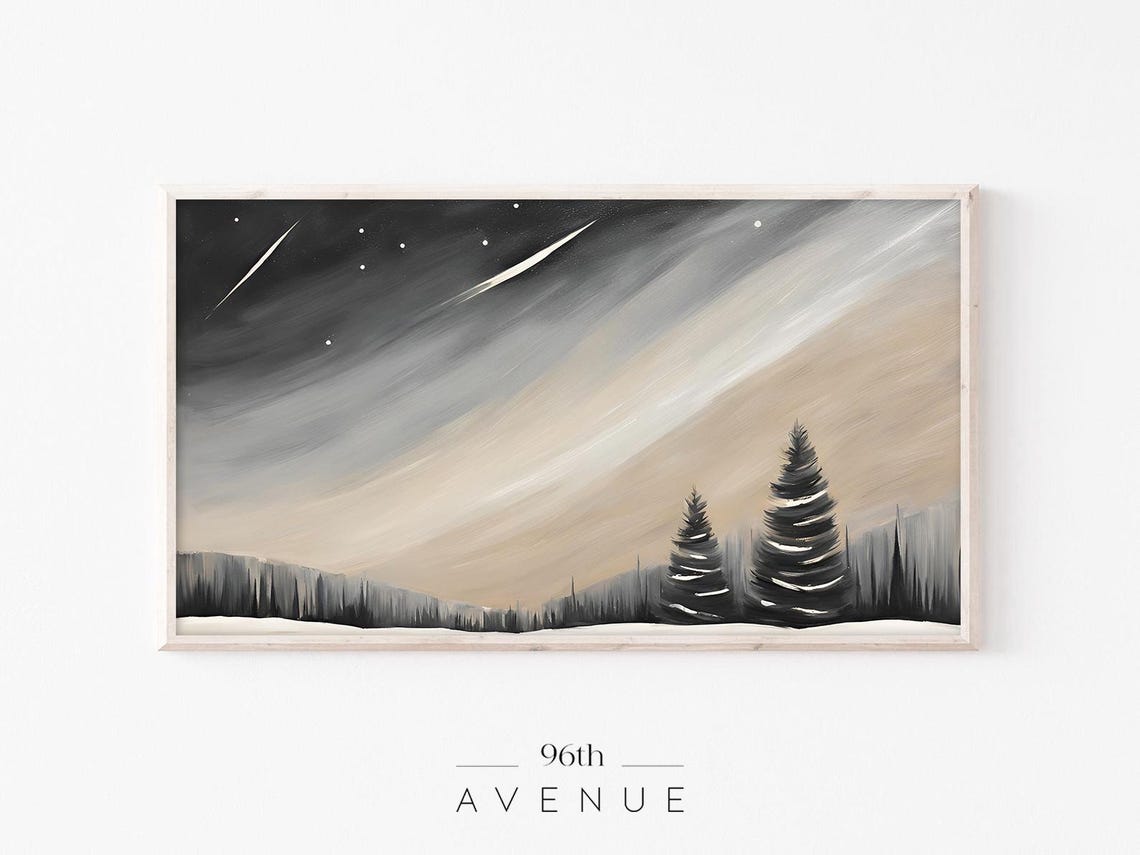 Shooting Stars Streaking Across Night Sky Snowy Pines Poster