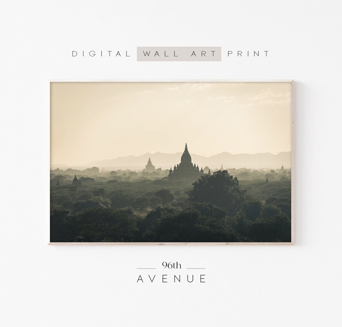 Bagan Myanmar Temple Silhouettes Misty Sunrise Travel Poster